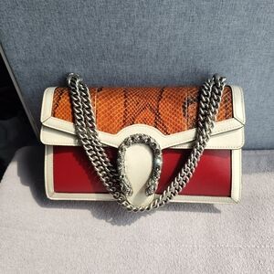 GuccDesigner-Inspired Red, Orange & Cream Leather Shoulder Bag with Silver Chain